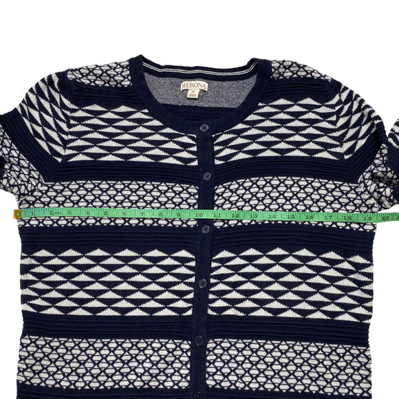 MERONA Nautical Blue Geometric Stripe Knit 100% Cotton Cardigan XL 3/4 Sleeve - Picture 8 of 10